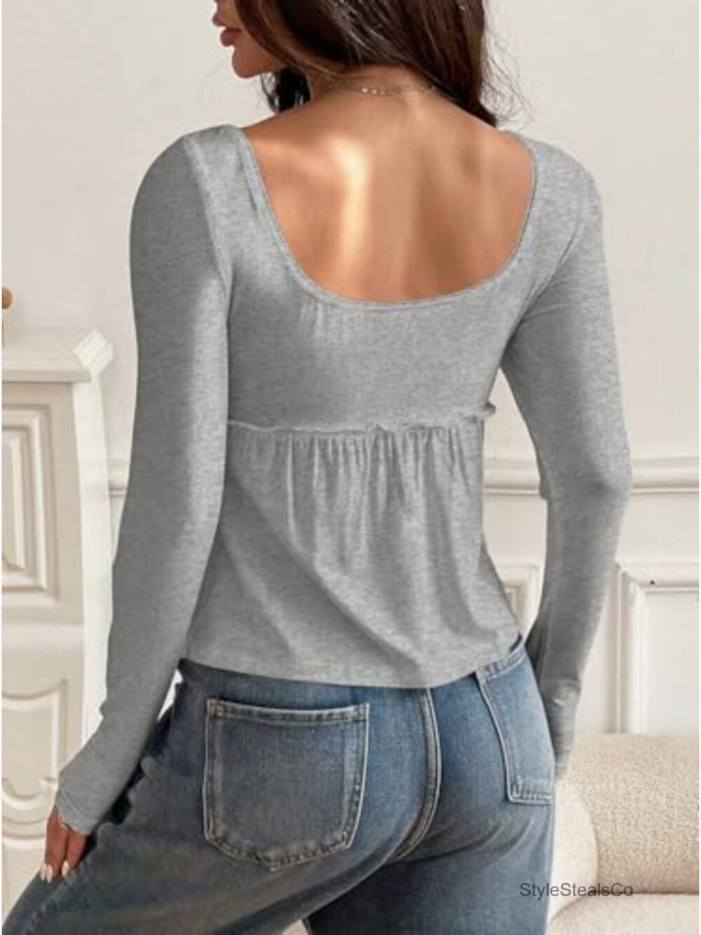 Y2k Peplum Crop Top Square Neck Long Sleeve Babydoll Blouse - Picture 3 of 3